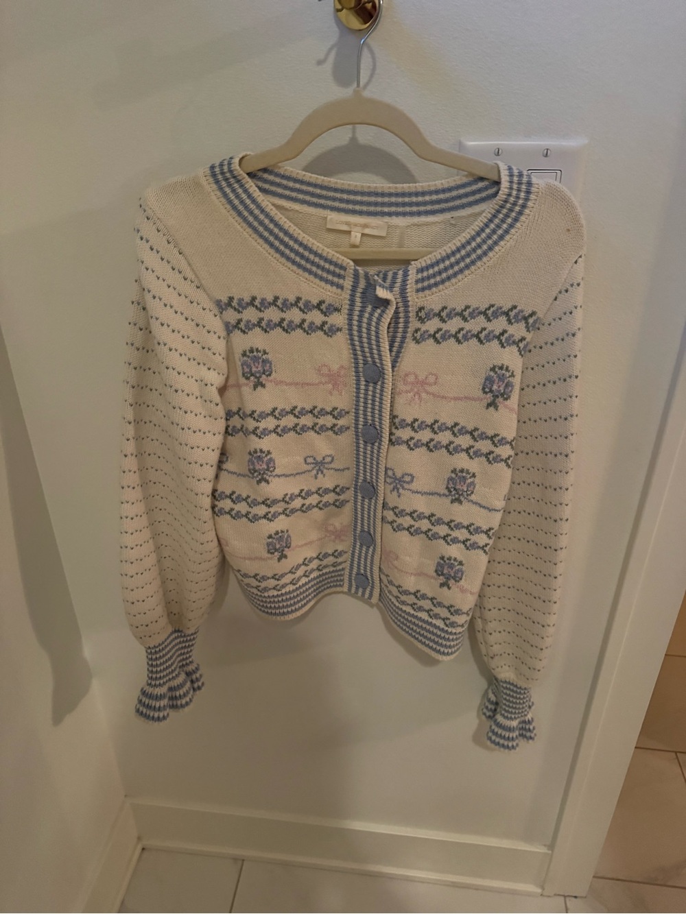 LoveShackFancy Cream Cardigan with Light Blue & Pink Floral Trim